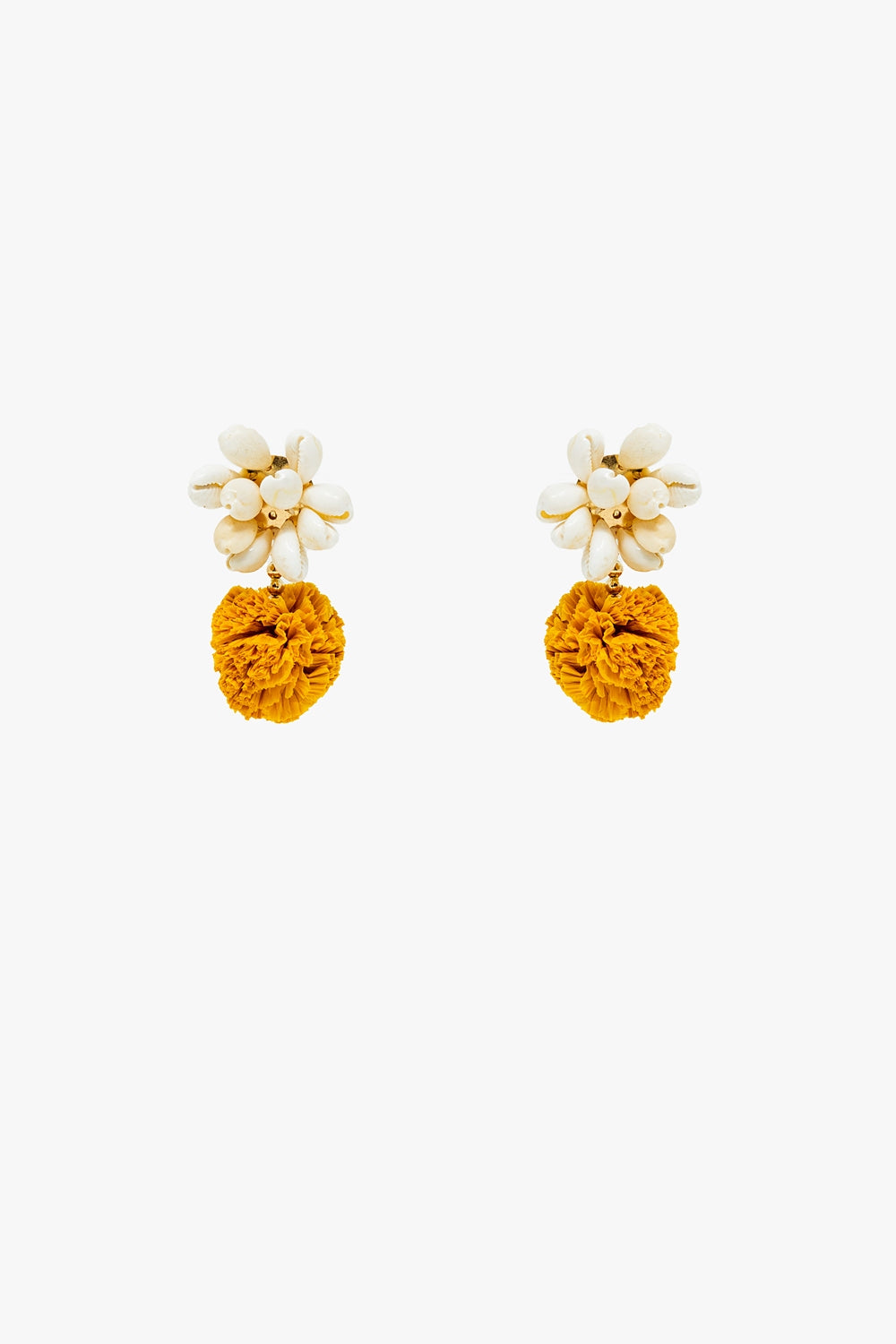 Boucles d'oreilles avec coquillages crème et pompons jaunes