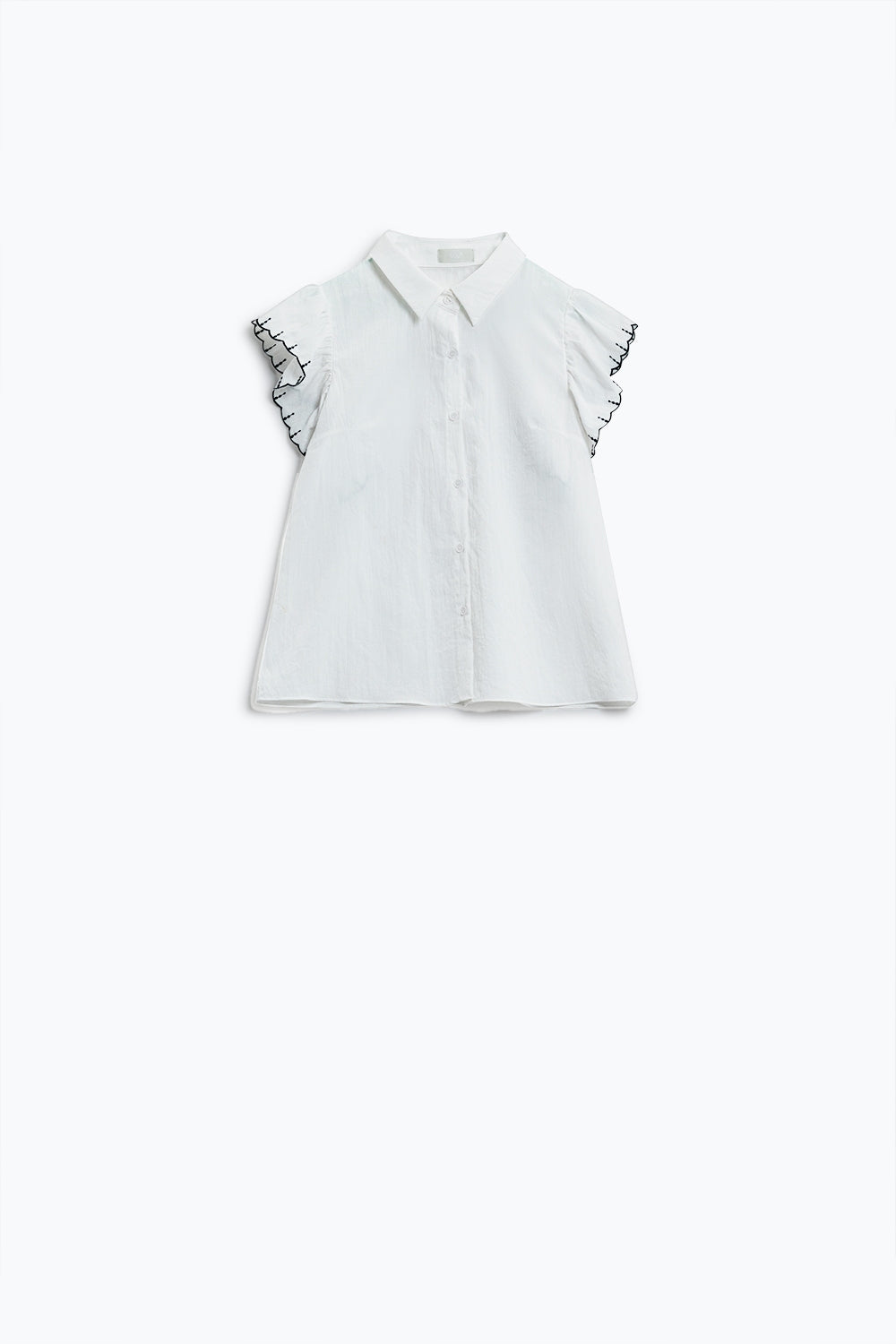 Chemise blanche à boutons avec col polo et manches à volants avec bordures noires