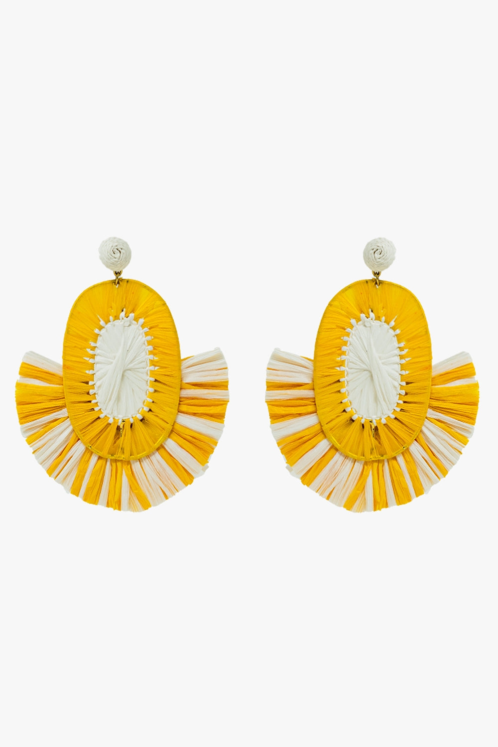 Boucles d'oreilles Maxi en raphia avec pompons jaunes et blancs