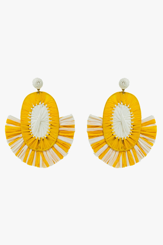 Boucles d'oreilles Maxi en raphia avec pompons jaunes et blancs