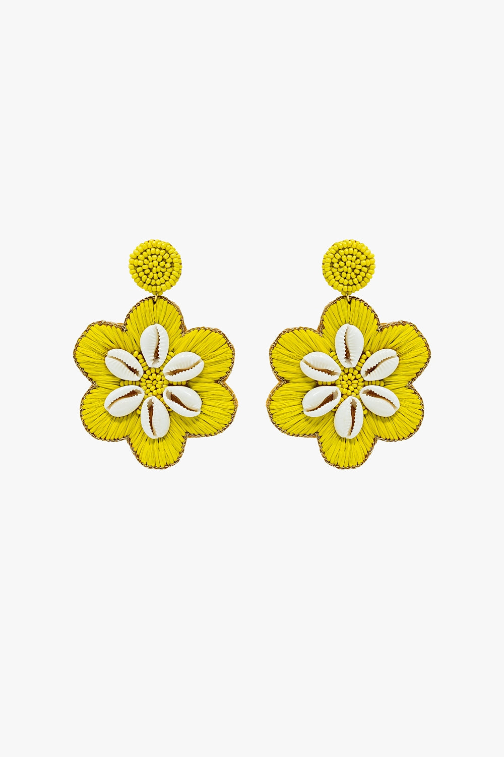 Boucles d'oreilles Maxi Rafia avec fleurs brodées et détails de coquillages en citron vert
