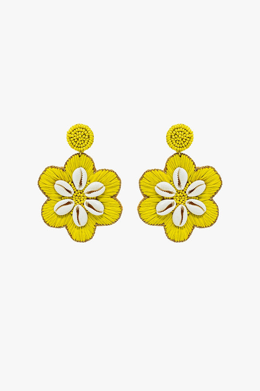 Boucles d'oreilles Maxi Rafia avec fleurs brodées et détails de coquillages en citron vert