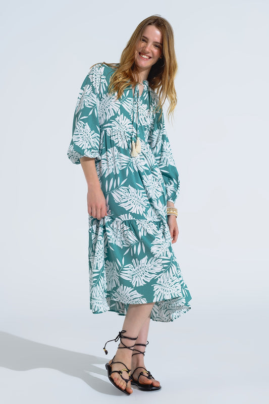 Robe longue boho à manches ballon et imprimé feuilles en vert