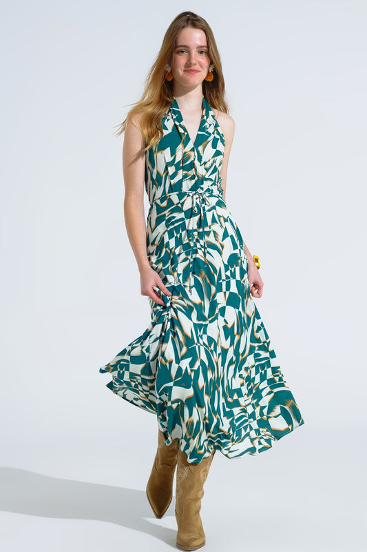 Robe midi dos nu avec taille cintrée en imprimé abstrait vert et blanc
