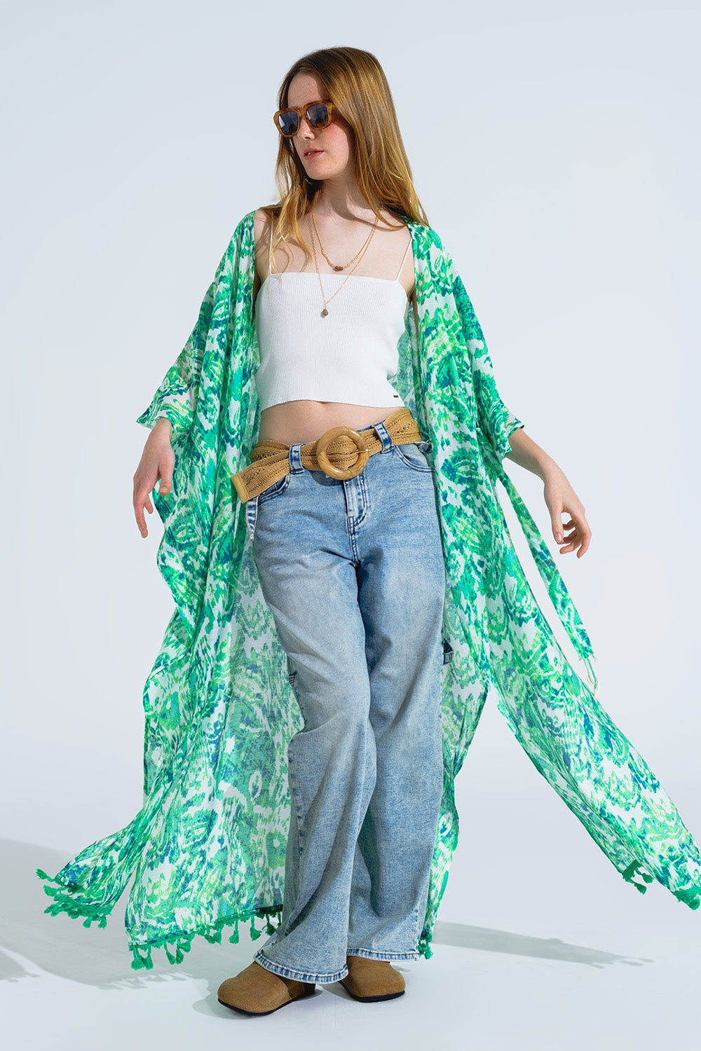 Kimono long vert avec fermeture à cordon de serrage en imprimé tribal