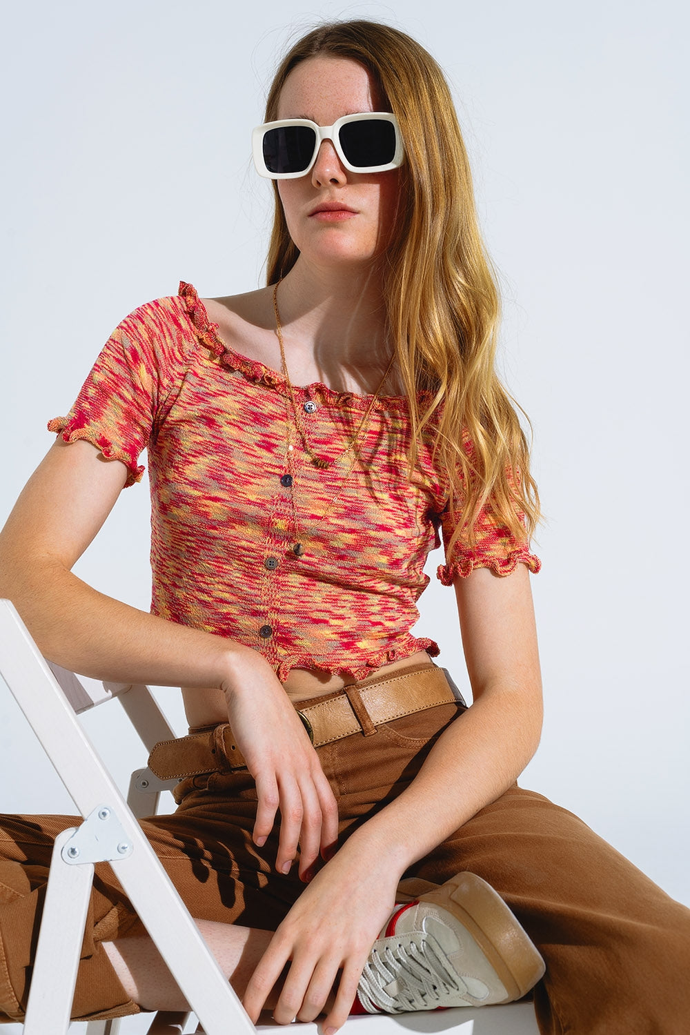 Top croisé en tricot à épaules dénudées mélange rouille