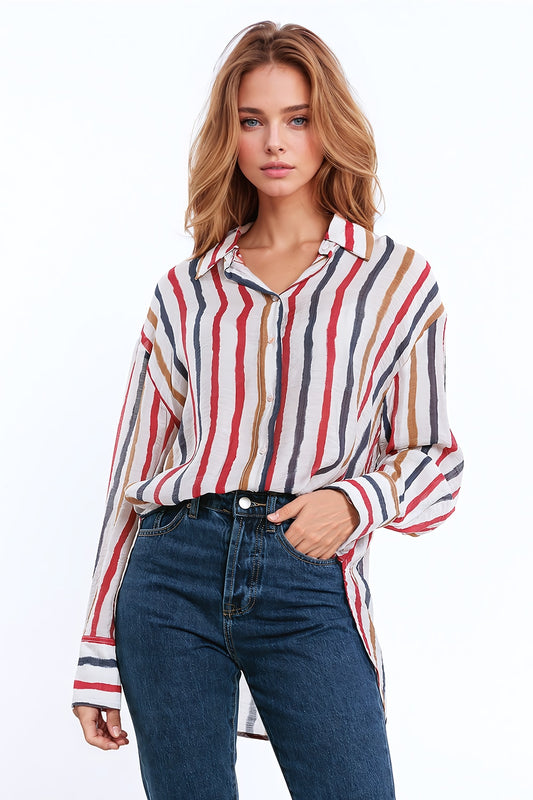 chemise à manches longues en mousseline de soie à rayures multicolores rouge et marine