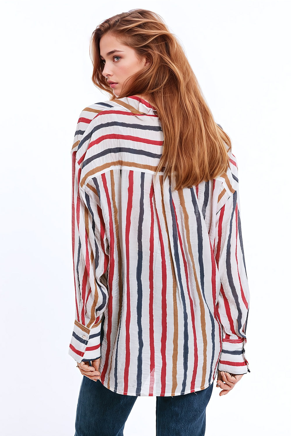 chemise à manches longues en mousseline de soie à rayures multicolores rouge et marine