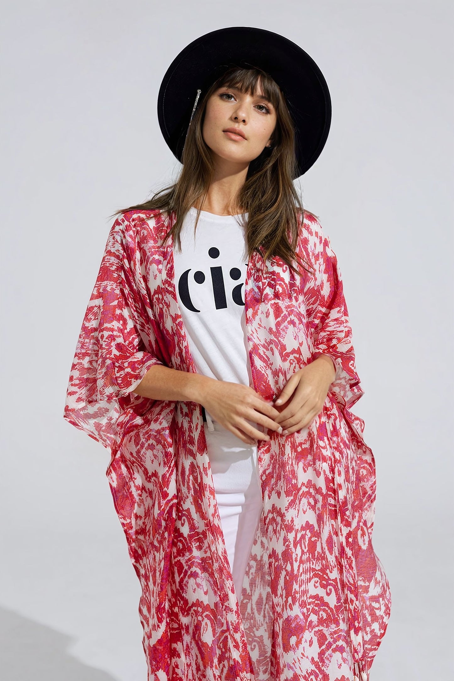 Kimono long rouge avec fermeture à cordon en imprimé tribal