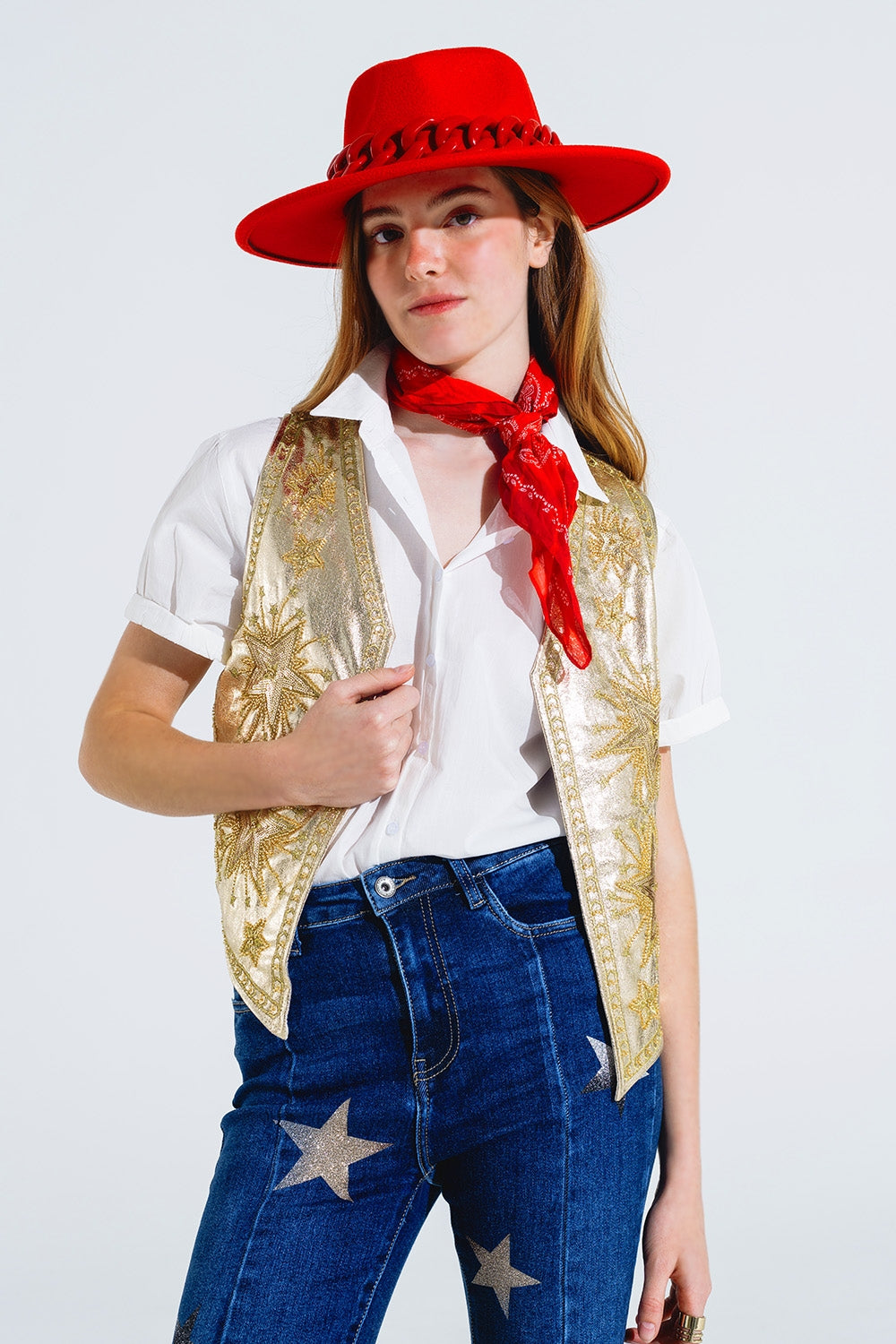Gilet ouvert avec étoiles brodées en or