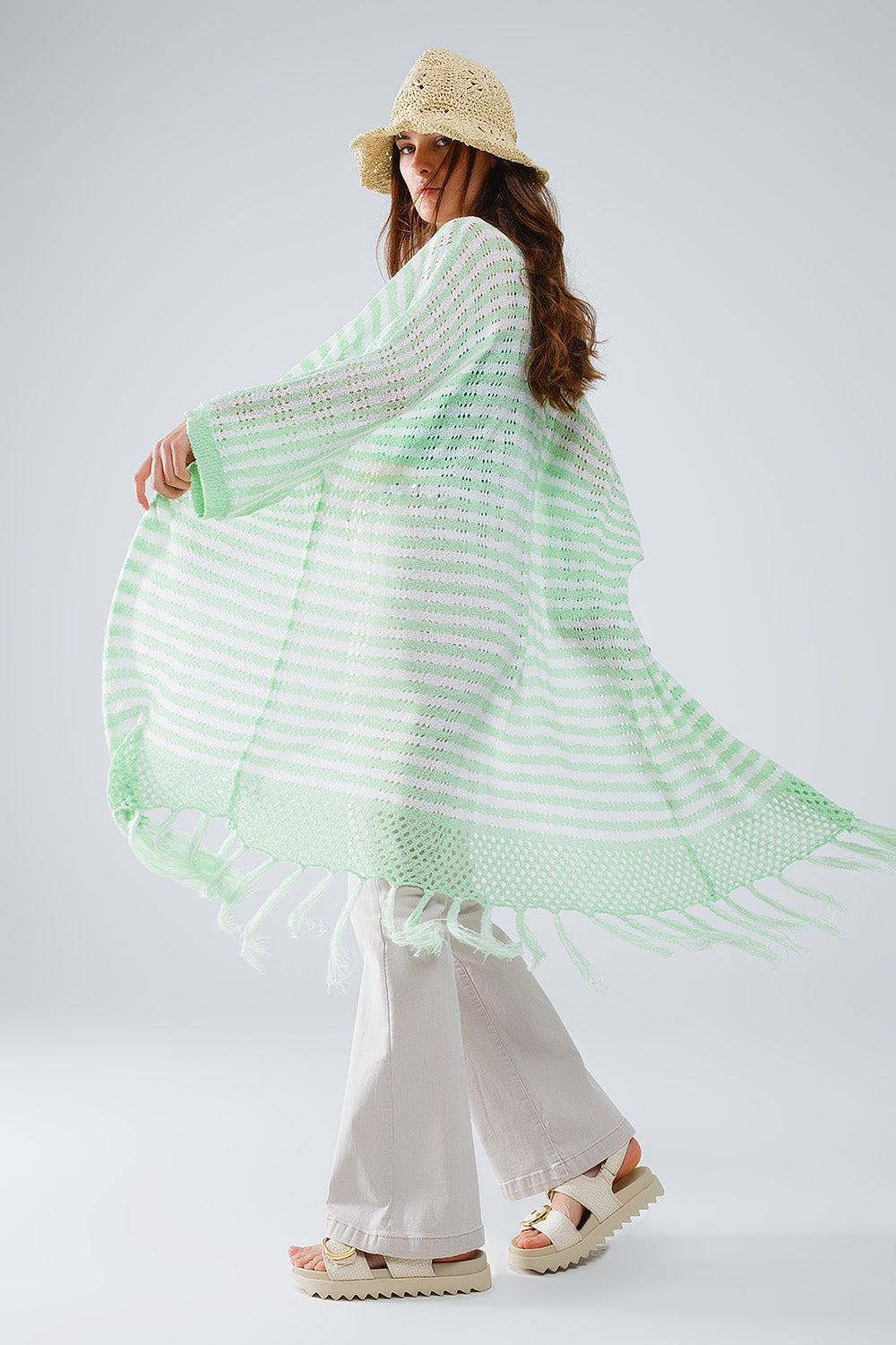 Cardigan vert de style bohème en maille pointelle à rayures et détails à franges