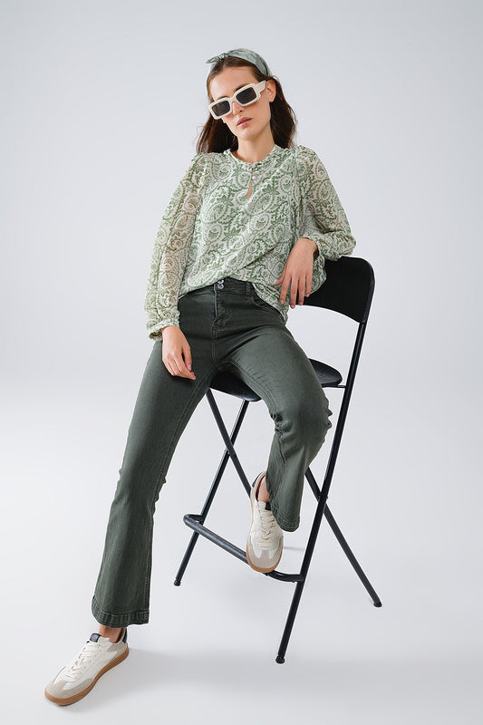 Jean skinny évasé à double boutonnage en kaki
