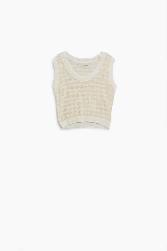 Pull sans manches à rayures en tricot ouvert cream et blanc