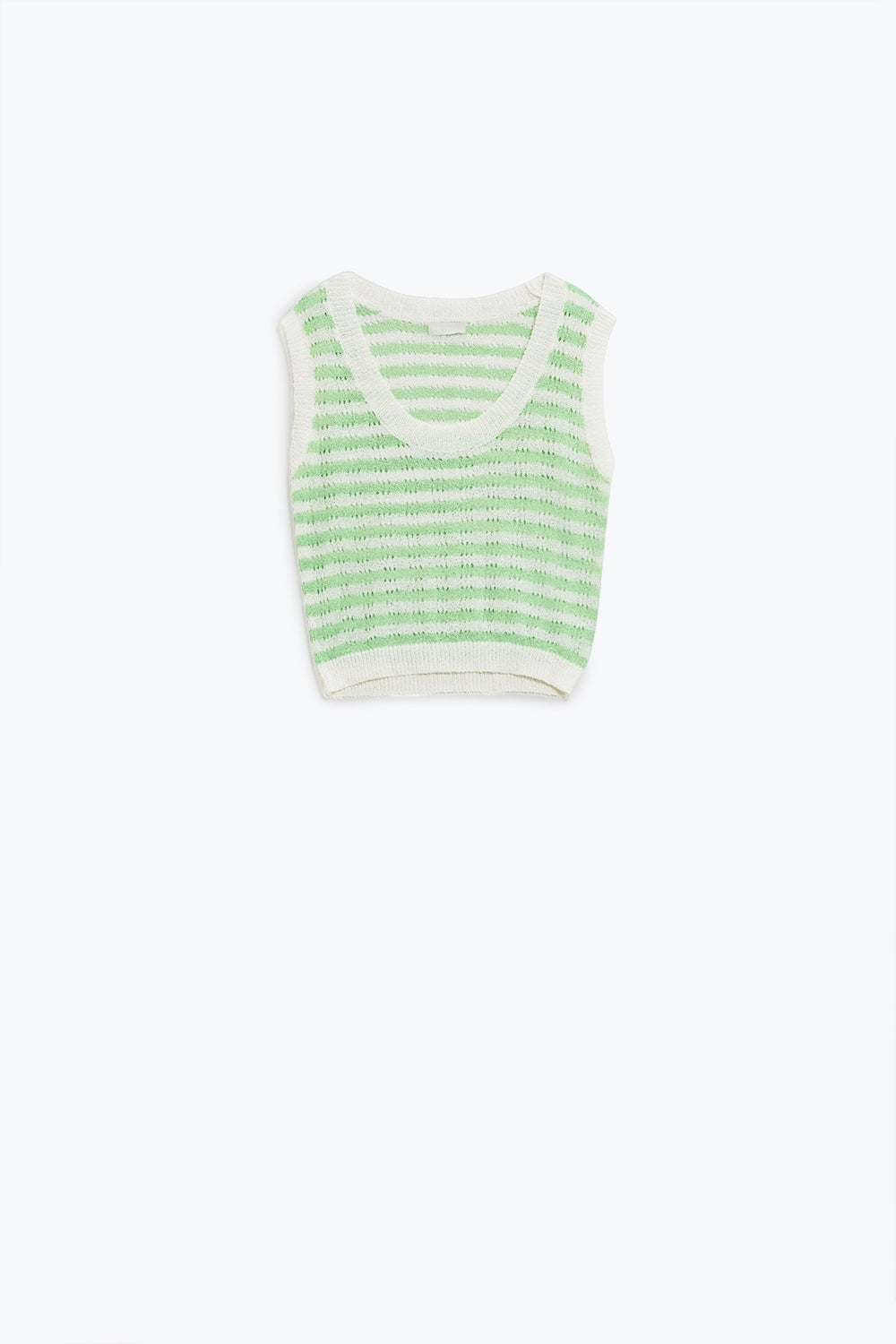 Pull sans manches à rayures en tricot ouvert en vert et blanc