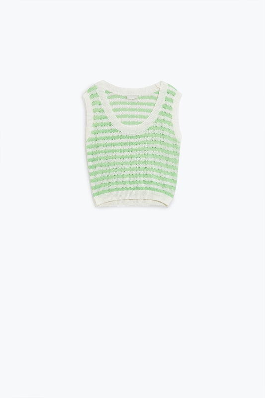 Pull sans manches à rayures en tricot ouvert en vert et blanc