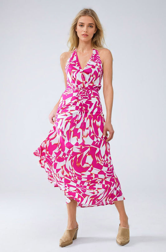 Robe midi dos nu avec taille cintrée en imprimé abstrait fuchsia et blanc