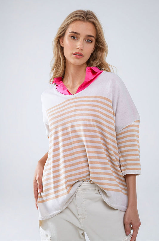 Pull oversize beige à rayures marron et col en V