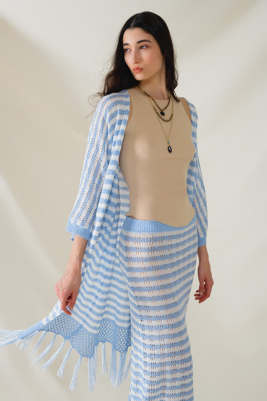 Cardigan bleu de style bohème en maille pointelle à rayures et détails à franges