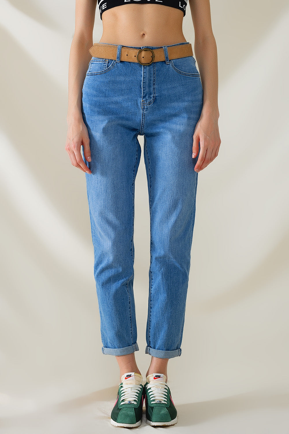 Jean taille haute en denim extensible moyennement délavé