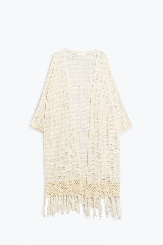 Cardigan beige de style bohème en maille pointelle à rayures et détails à franges