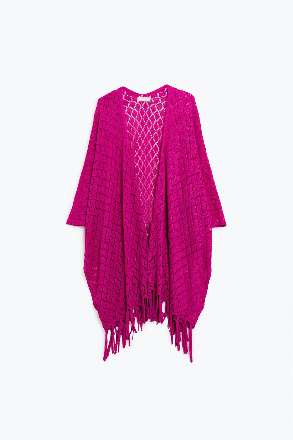 Cardigan ouvert fuchsia avec extrémités à franges et manches 3/4