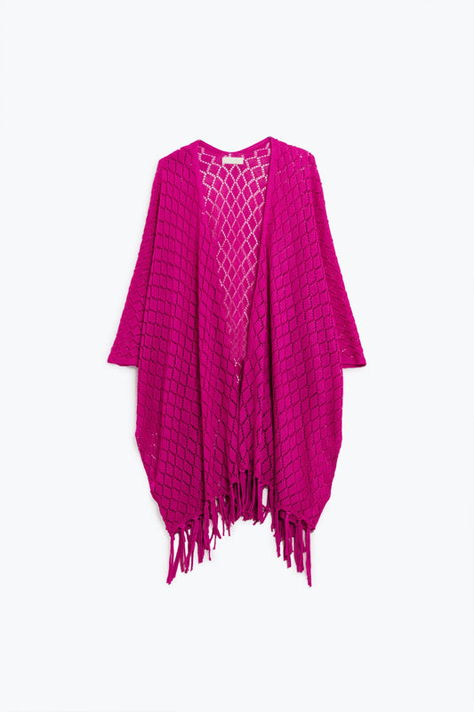 Cardigan ouvert fuchsia avec extrémités à franges et manches 3/4
