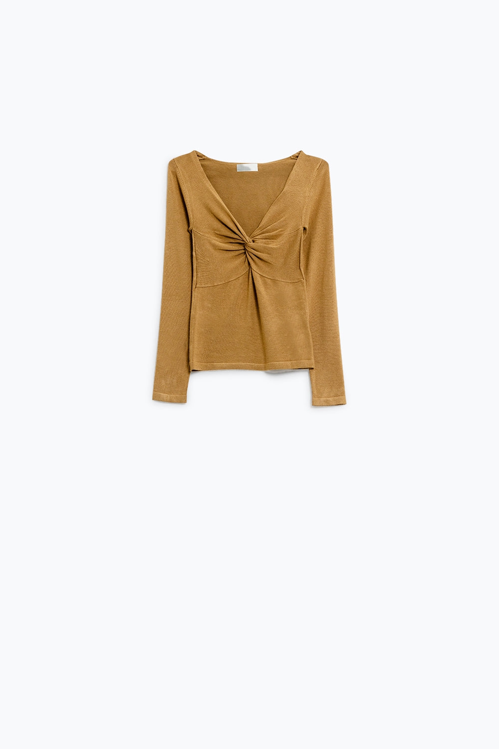Chemise à manches longues col en V et détails de nœuds Beige