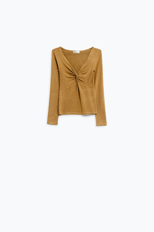 Chemise à manches longues col en V et détails de nœuds Beige