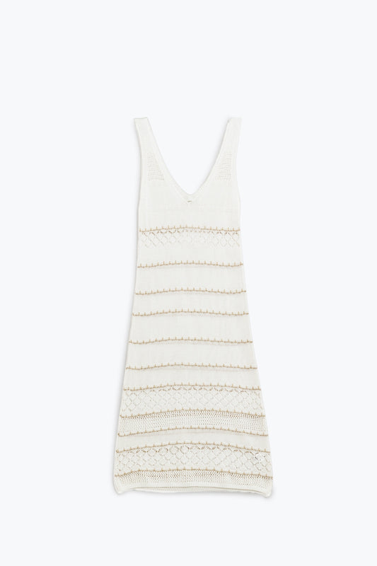 Blanc - Robe midi sans manches à encolure en V et motif en crochet