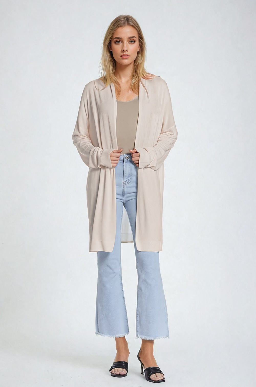 Cardigan ouvert maxi beige à manches longues