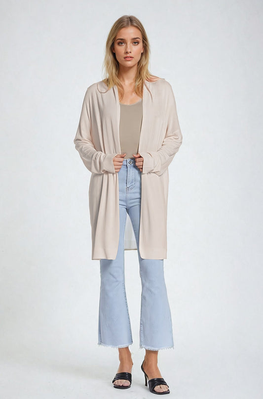 Cardigan ouvert maxi beige à manches longues