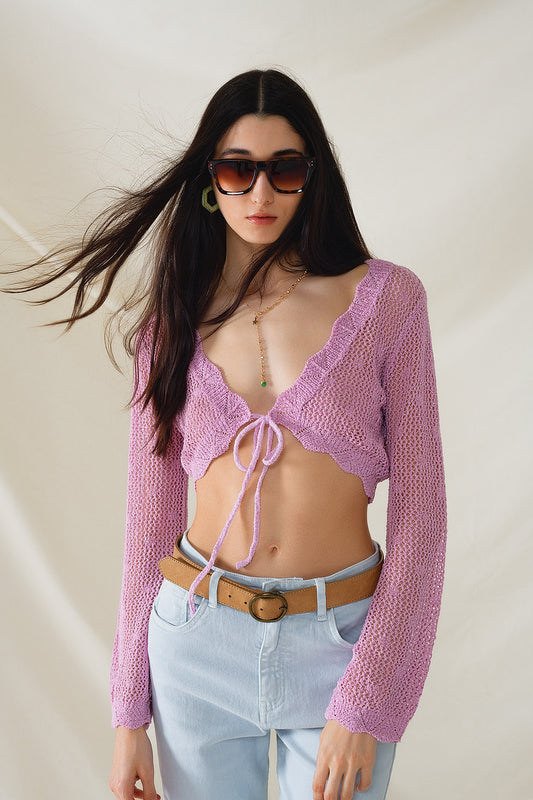 cardigan court en crochet lilas avec détails en lurex