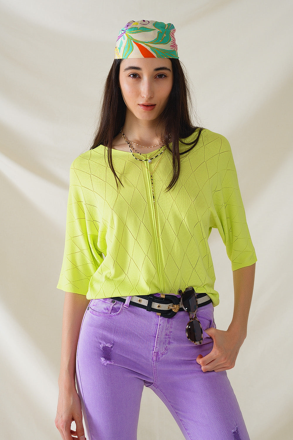 Lime Colored Short Sleeve Sweater With Argyle Pattern (Pull à manches courtes à motif argyle)