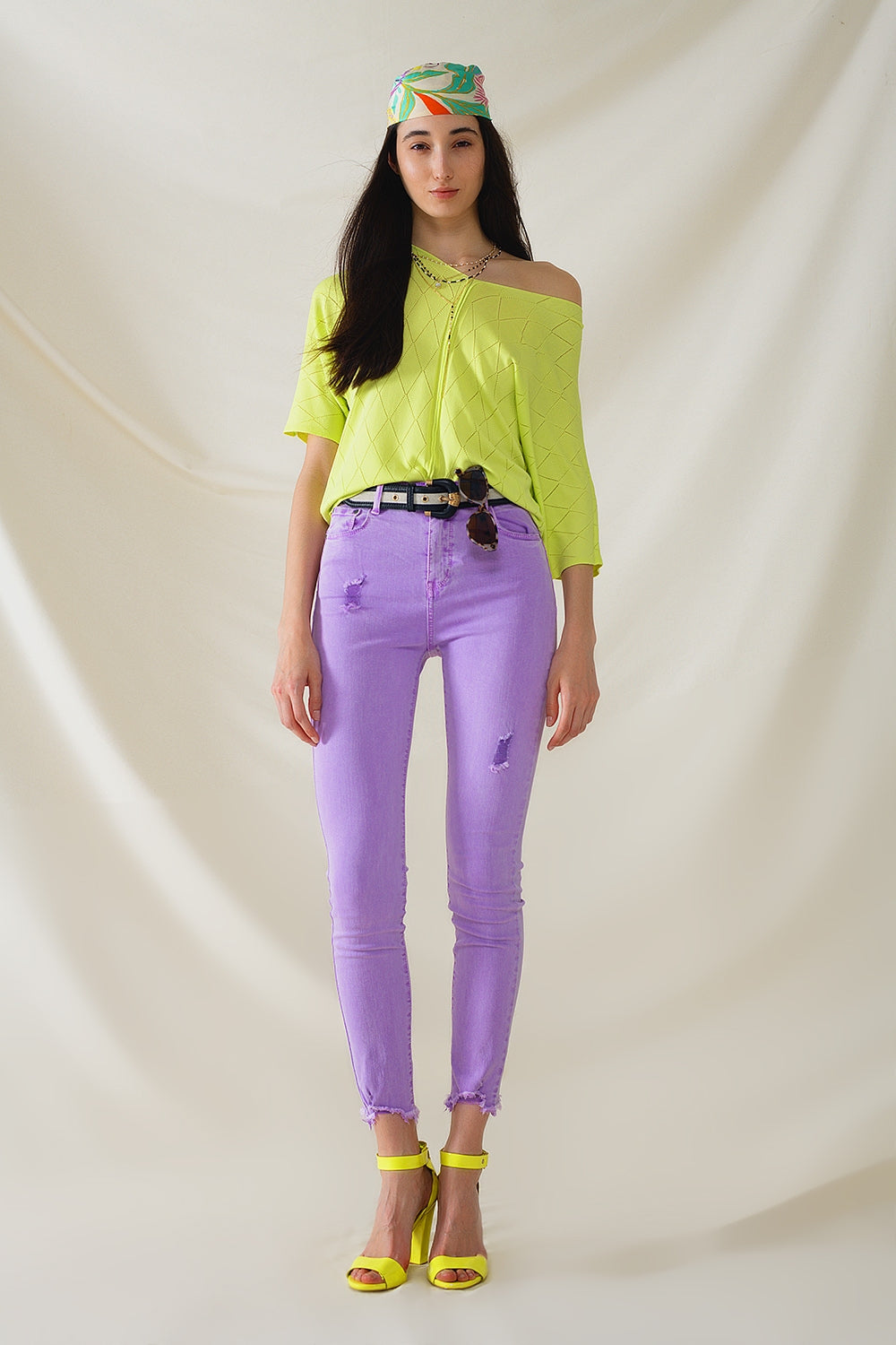Lime Colored Short Sleeve Sweater With Argyle Pattern (Pull à manches courtes à motif argyle)