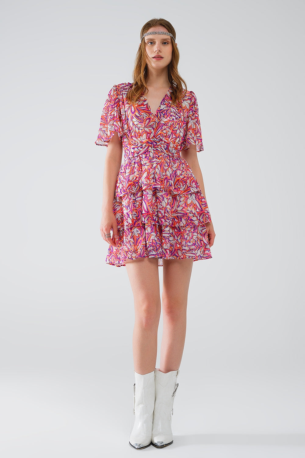 Robe courte multicolore à imprimé floral et à motif froncé
