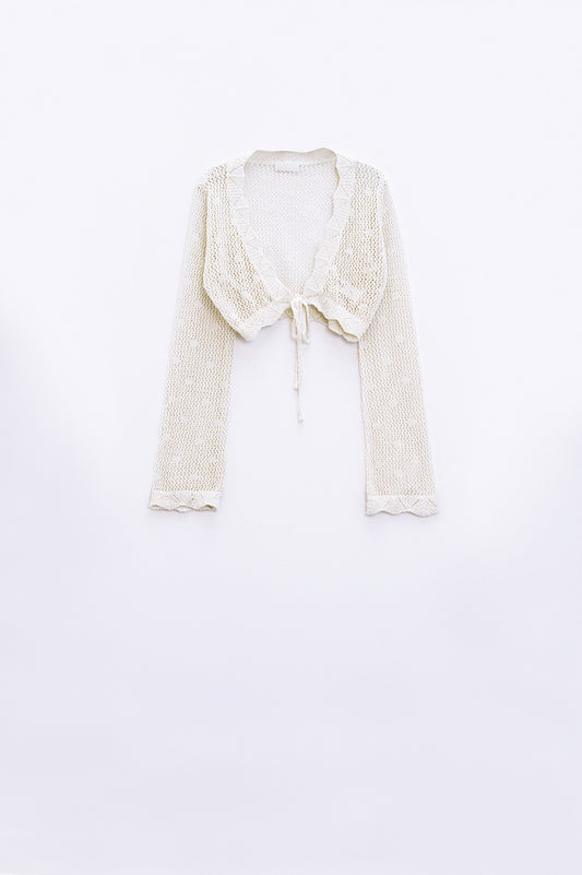 cardigan court en crochet beige avec détails en lurex