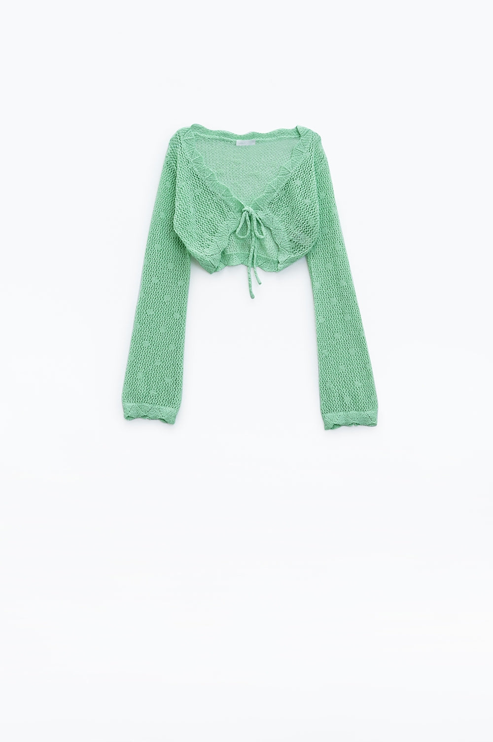 Cardigan court en crochet vert avec détails en lurex