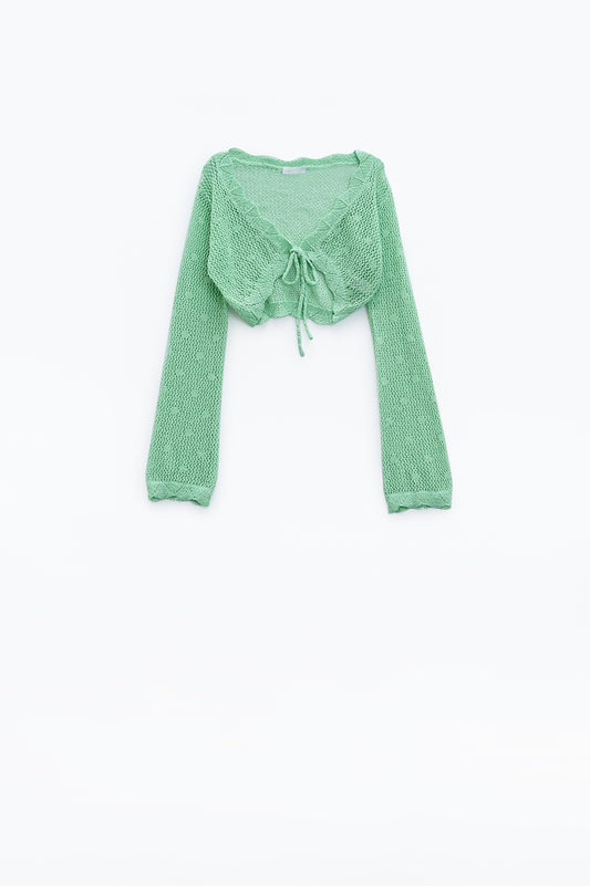 Cardigan court en crochet vert avec détails en lurex