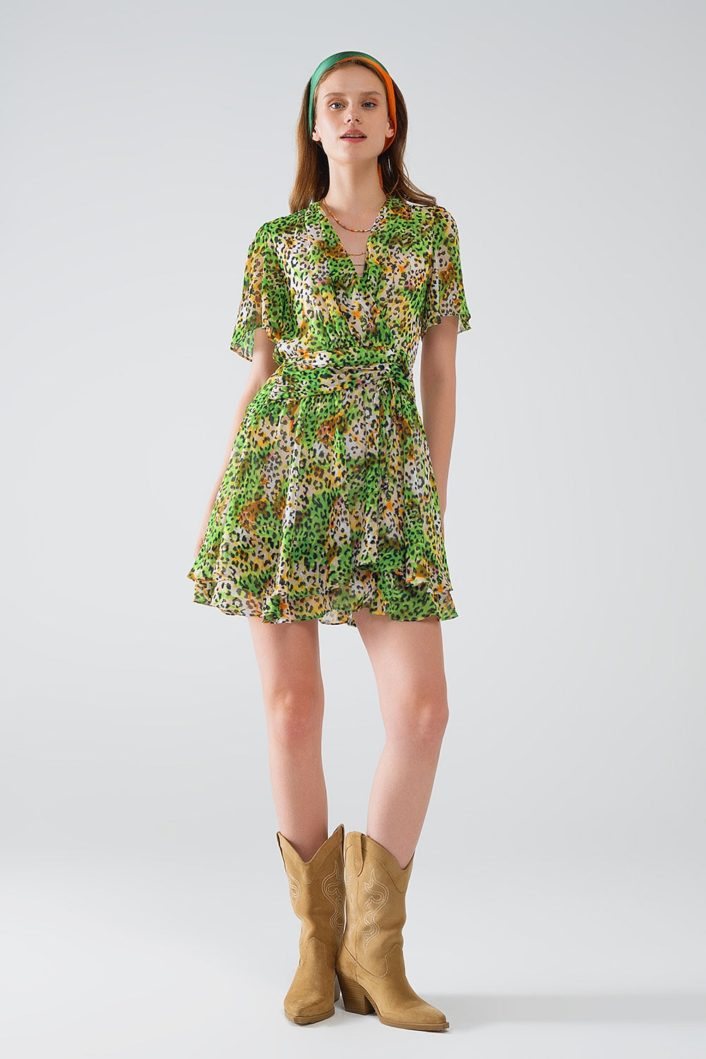 Robe courte verte multicolore avec top croisé à imprimé animalier