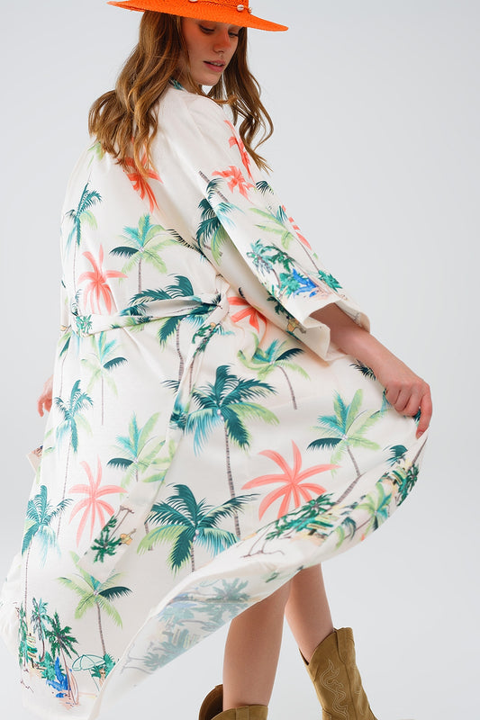 Kimono ouvert crème avec imprimé plage en longueur midi