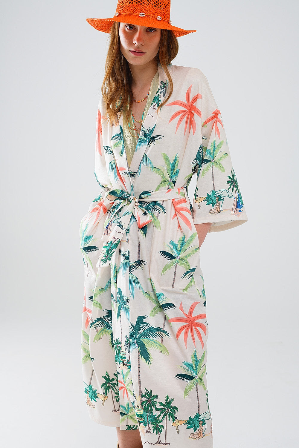 Kimono ouvert crème avec imprimé plage en longueur midi