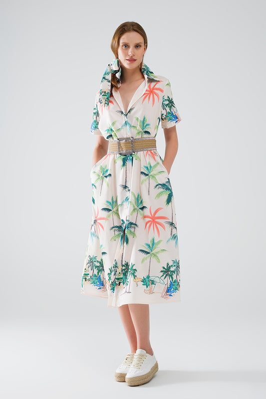 Robe midi crème avec imprimé plage et col polo