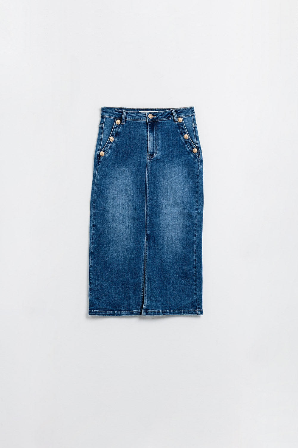 Jupe midi en denim extensible avec boutons dorés