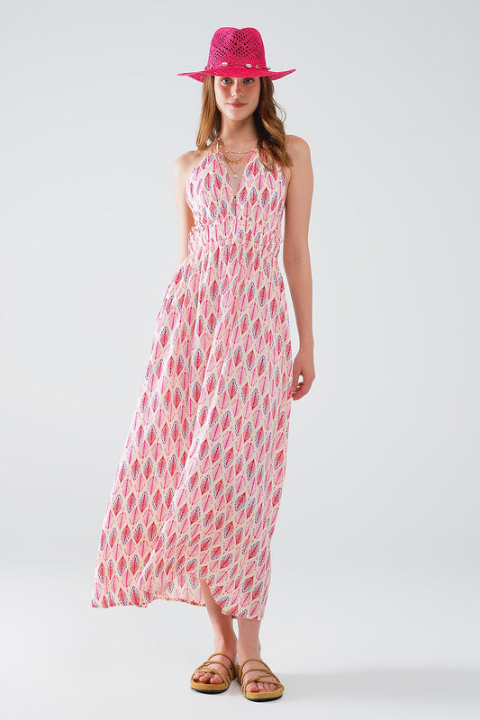 Robe longue d'été à imprimé plumes et dos ouvert en rose