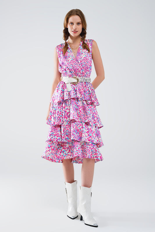 Robe midi froncée en blanc avec imprimé animalier multicolore