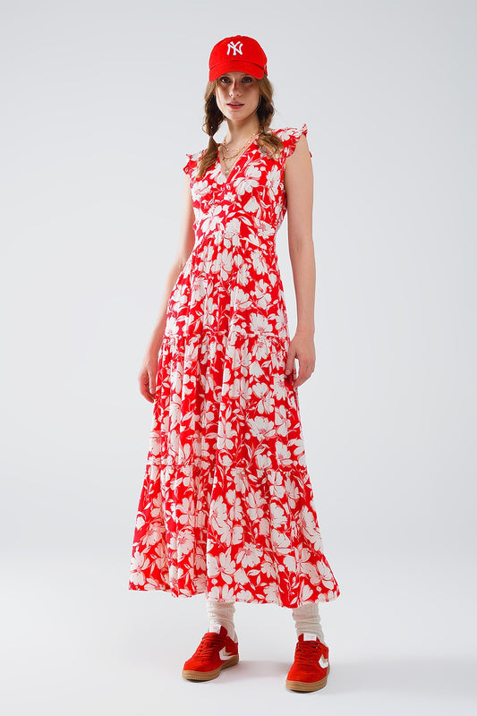 Robe longue rouge à imprimé floral et col en V
