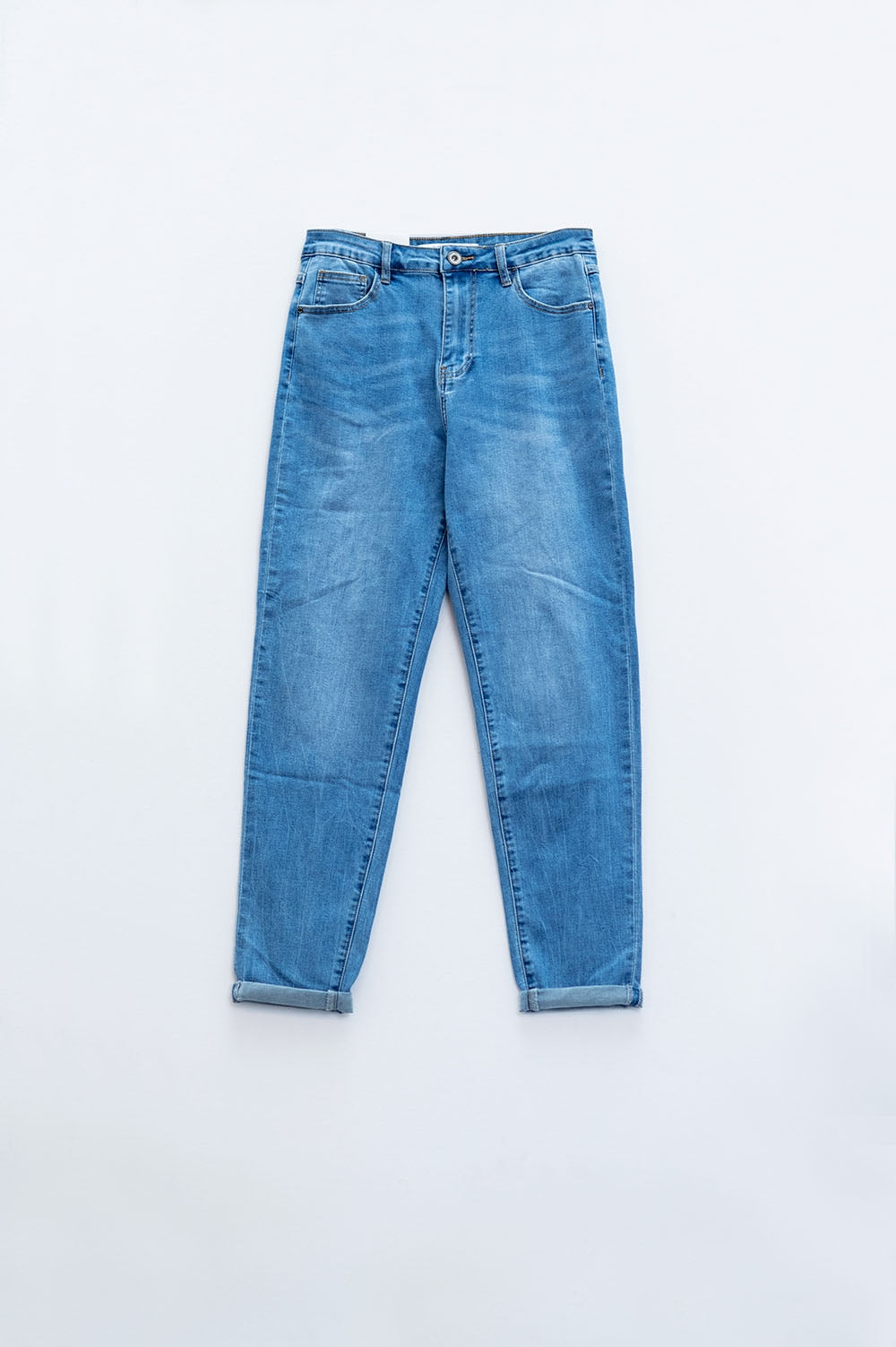 Jean taille haute en denim extensible moyennement délavé