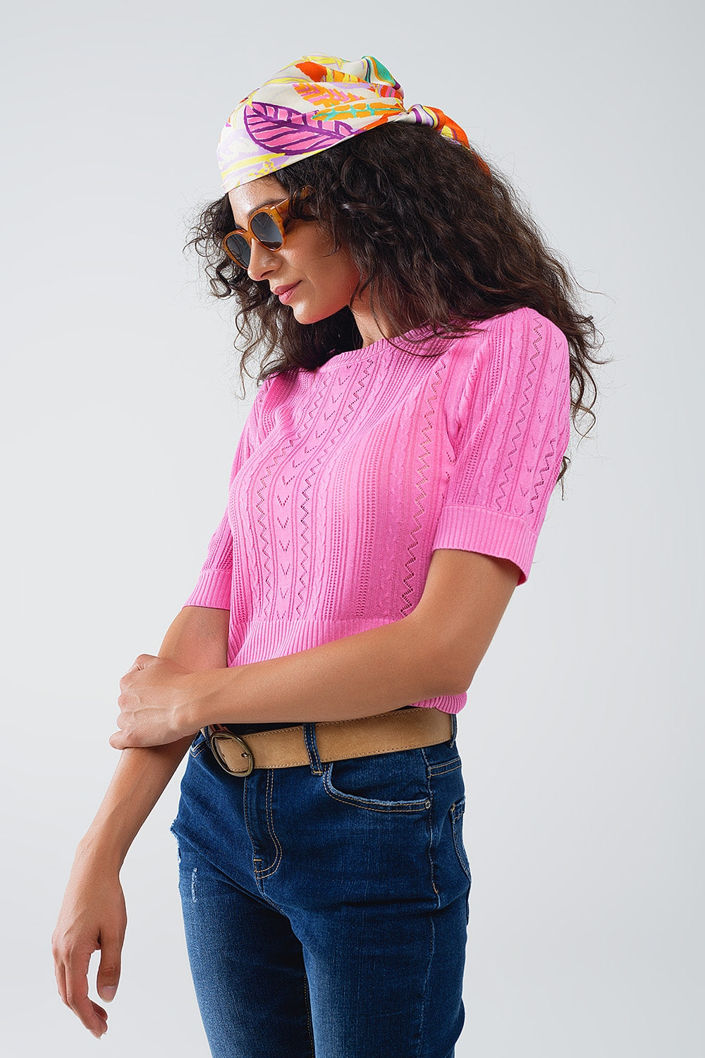 Pull à manches 3/4 en tricot fuchsia avec détails de rayures en zig-zag