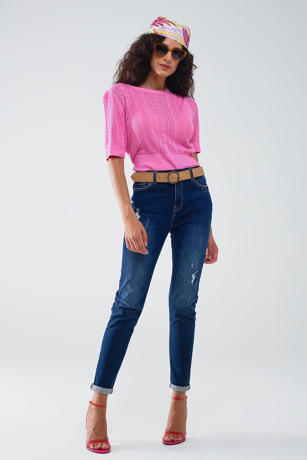 Pull à manches 3/4 en tricot fuchsia avec détails de rayures en zig-zag