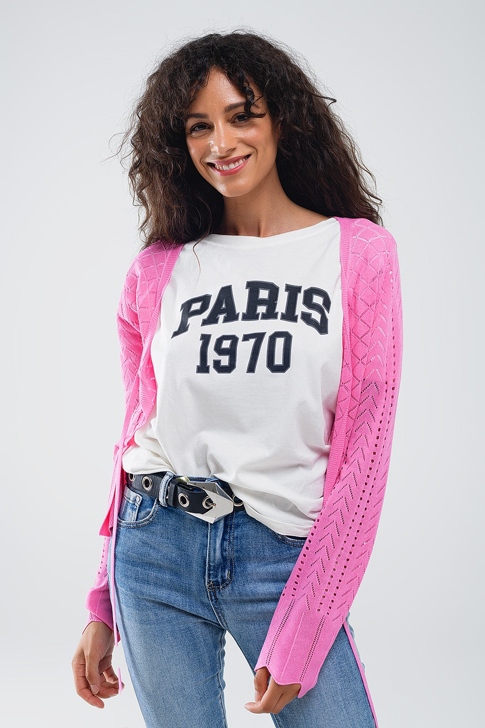Cardigan rose avec imprimé Argyle et fermeture à nouer